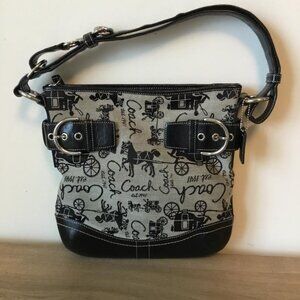 Coach Signature Horse & Carriage Jacquard & Black Leather Shoulder Bag No. 14441
